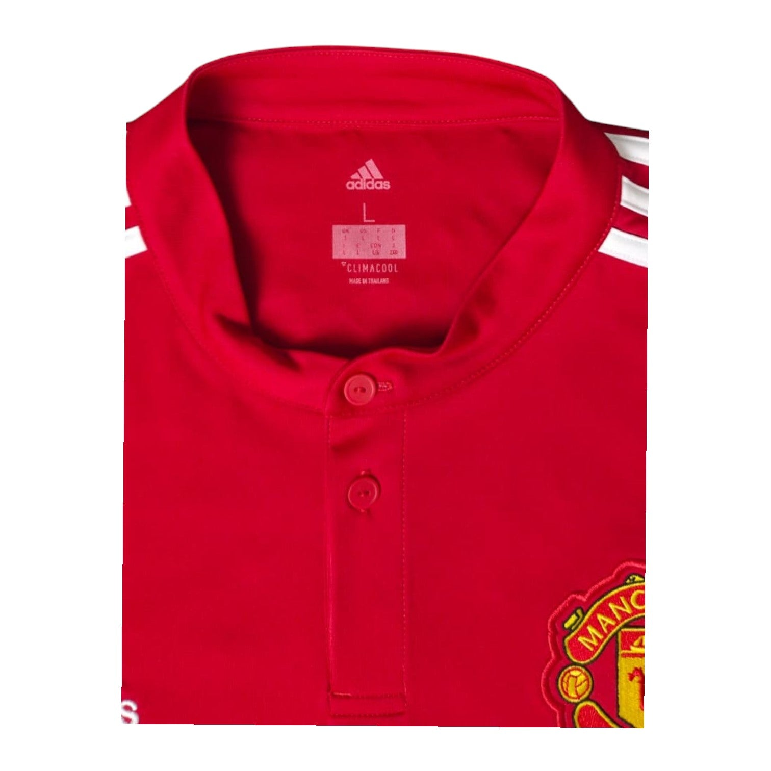 Dettaglio colletto a bottoni Climacool e stemma Manchester United maglia Home 2017-18 Adidas – taglia L