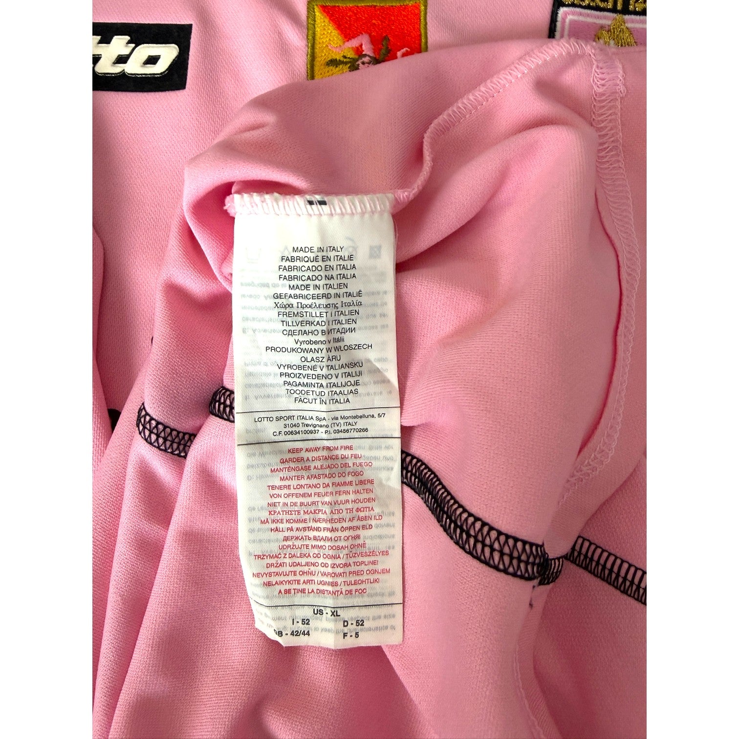 Etichetta interna multilingue Lotto Sport Italia Made in Italy taglia 52 IT XL maglia Palermo Player Issued 2004-05