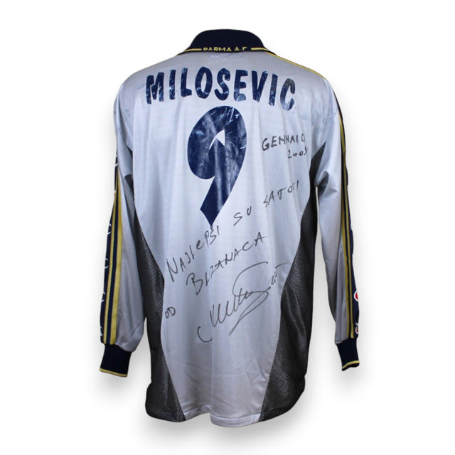 Retro maglia Parma 2000-01 numero 9 Milosevic autografata con dedica originale gennaio 2001 – Champion