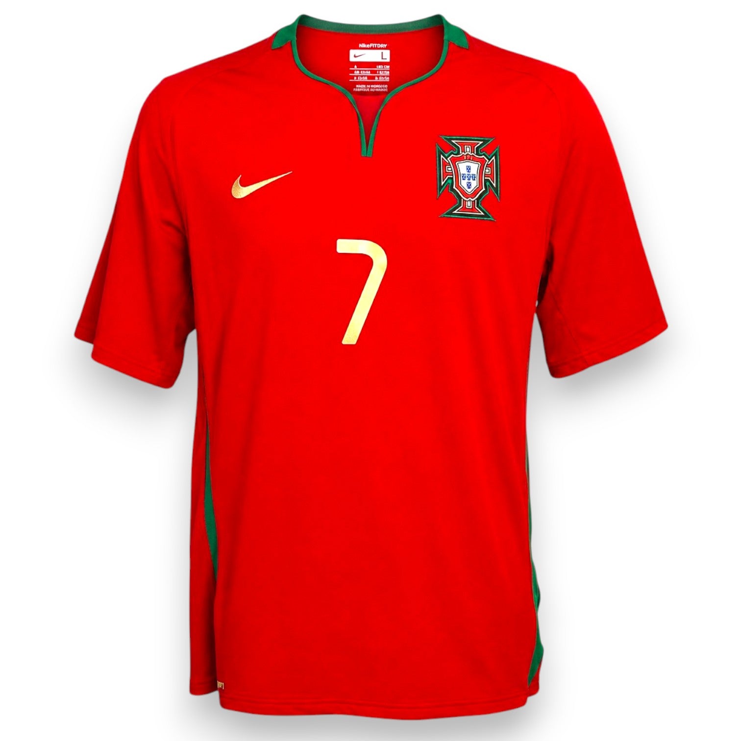 Maglia Portogallo Home 2008 Cristiano Ronaldo numero 7 Nike rossa – stemma FPF e swoosh oro colletto verde