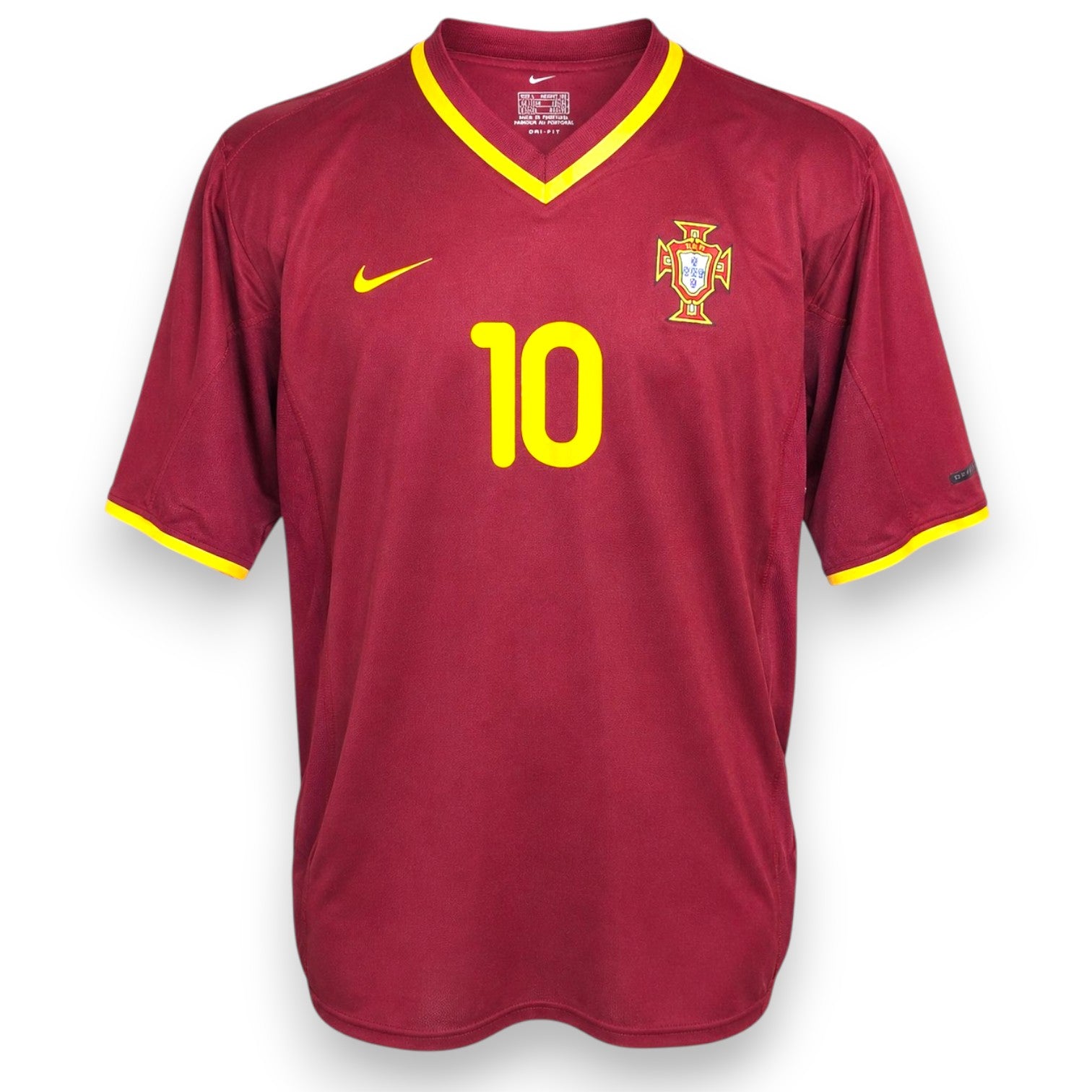 Maglia Portogallo Home 2000 Vintage Rui Costa numero 10 Nike bordeaux – stemma FPF e collo a V giallo