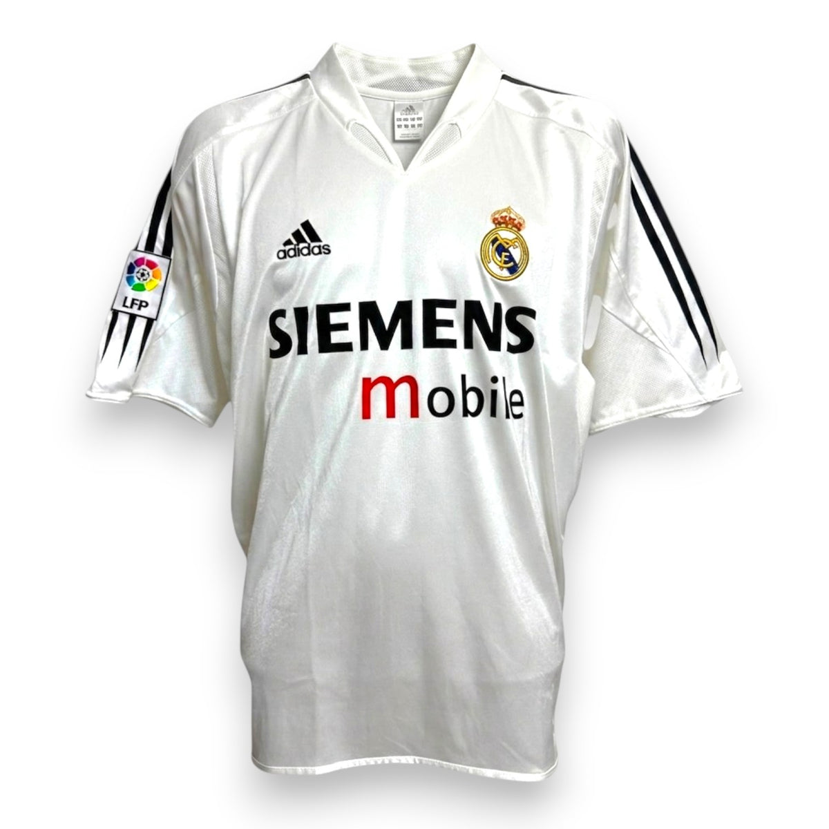 Maglia Real Madrid Home 2004/05 Adidas originale Vintage con sponsor Siemens mobile e patch LFP – fronte