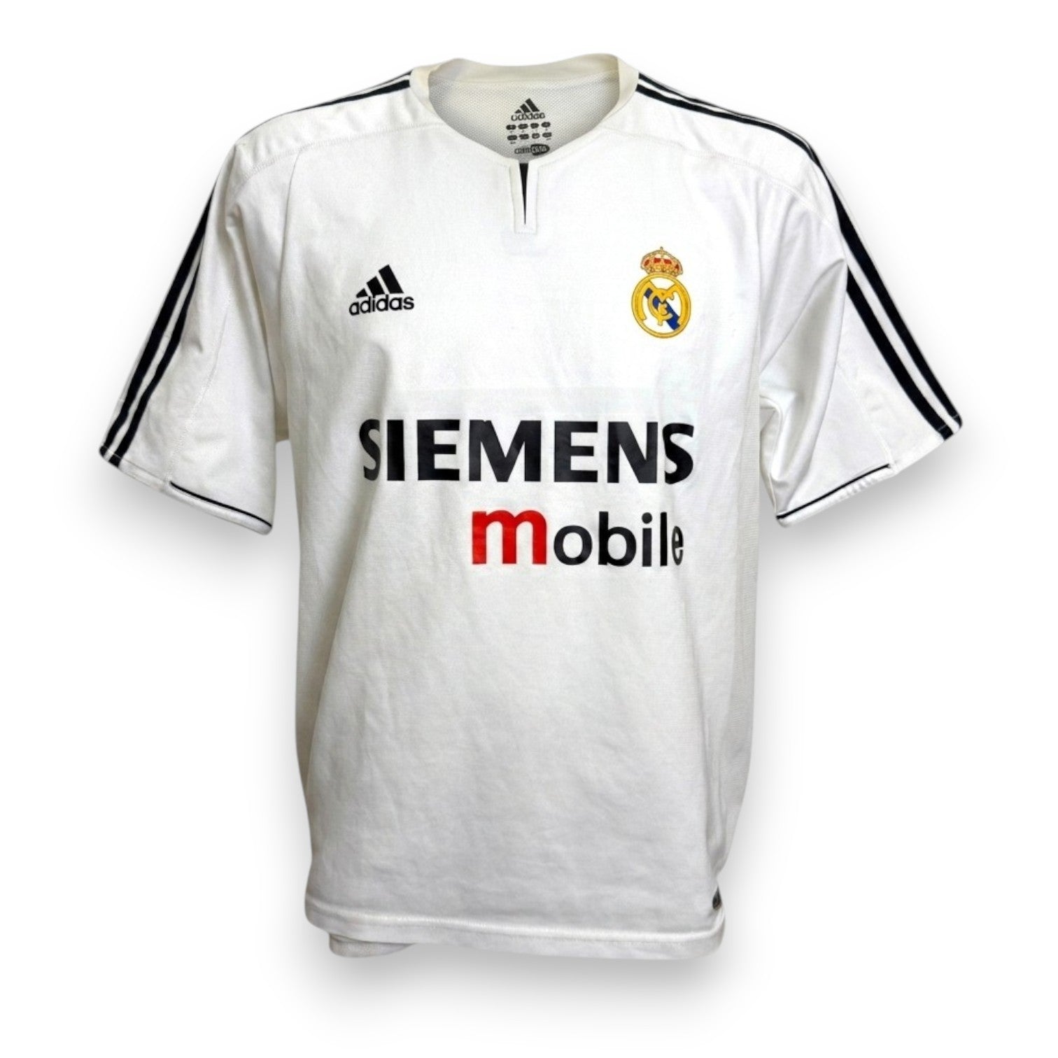 Maglia Real Madrid Home Vintage 2004-05 Adidas ClimaCool bianca sponsor Siemens Mobile tre strisce nere stemma reale con corona dorata heat-pressed colletto raglan a V Made in Portugal taglia L