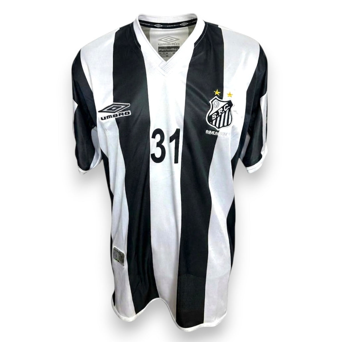 Maglia Santos Away 2002 Umbro originale Vintage a strisce bianconere con stemma Bimundial e numero 31 – fronte