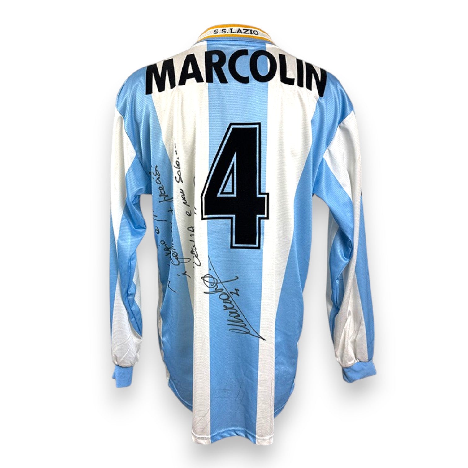 Retro maglia SS Lazio 1999-2000 numero 4 Marcolin Player Issued autografata con dedica originale pennarello nero – Champions League Puma