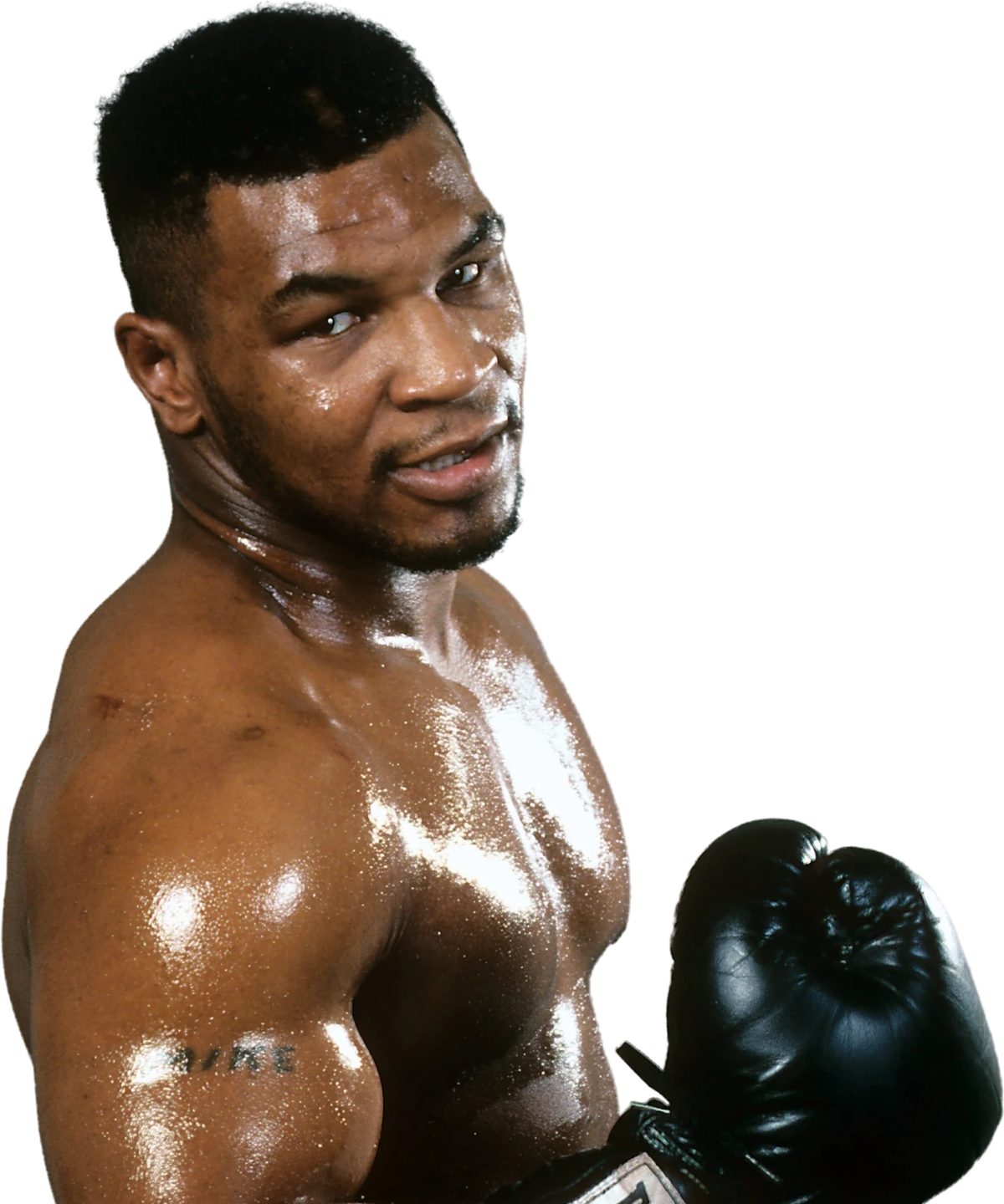 Mike Tyson detto Iron Mike con guantone Everlast nero, ex pugile statunitense e più giovane campione del mondo dei pesi massimi nella storia del pugilato