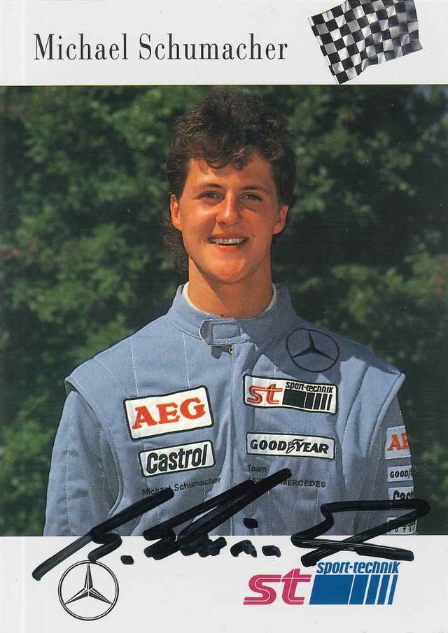 Cartolina autografata Michael Schumacher Team Sauber-Mercedes 1990-91 – autografo originale pennarello nero – 14,9x10,6 cm – COA incluso