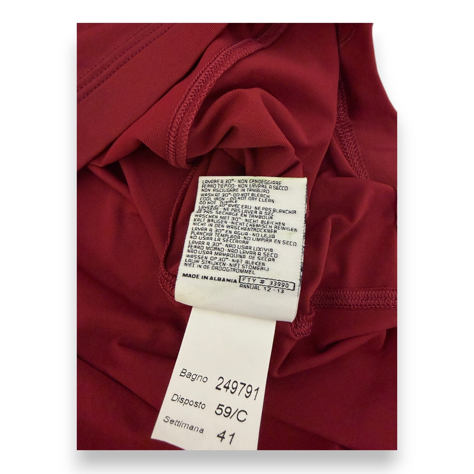 Etichetta interna maglia AS Roma 2012-13 Kappa – Made in Albania – Annual 12-13 – dati fornitura squadra Player Issued