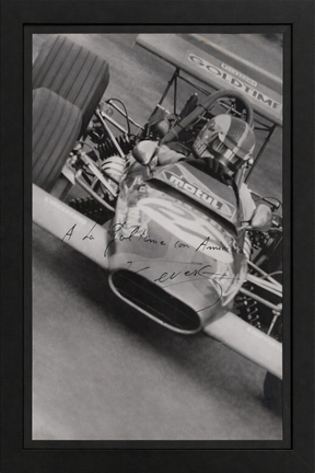 Fotografia autografata François Cevert Formula 1 – monoposto Motul Goldtime – dedica originale A la Goldtime con Amicizia penna blu – grande formato 40x30 cm bianco e nero