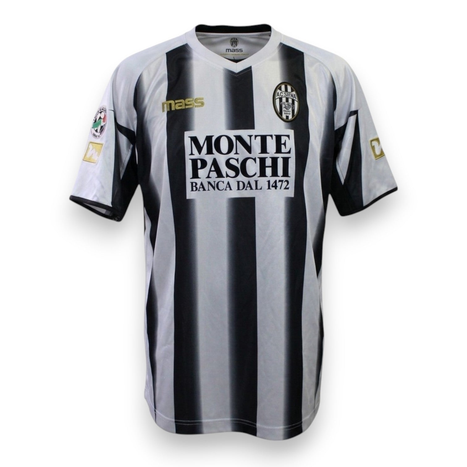 Fronte maglia AC Siena Home 2005-06 Vintage – Mass – sponsor Monte Paschi Banca dal 1472 – stemma AC Siena – Serie A TIM