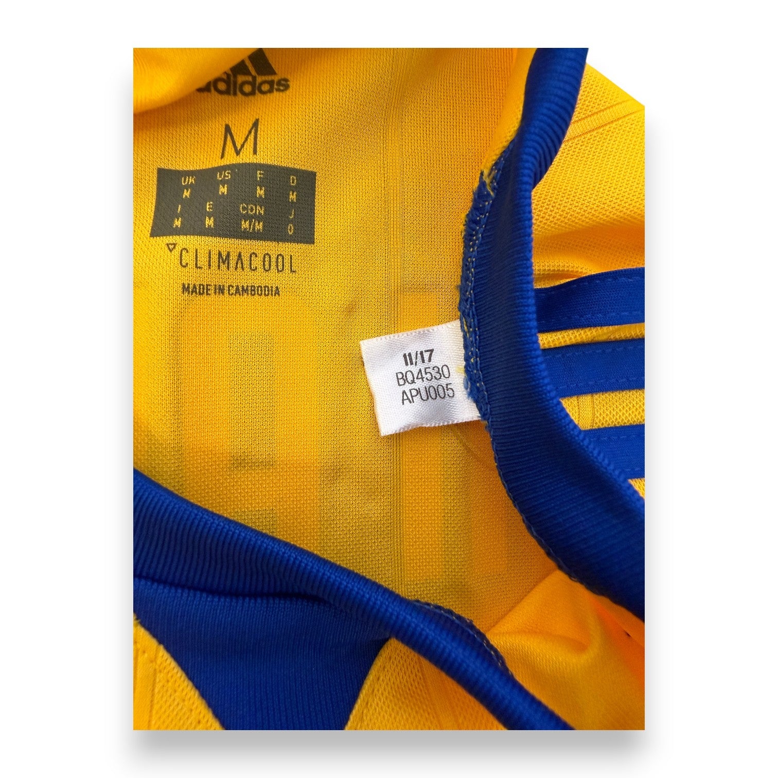 Etichetta interna adidas Climacool taglia M maglia Juventus Away 2017-18 Made in Cambodia