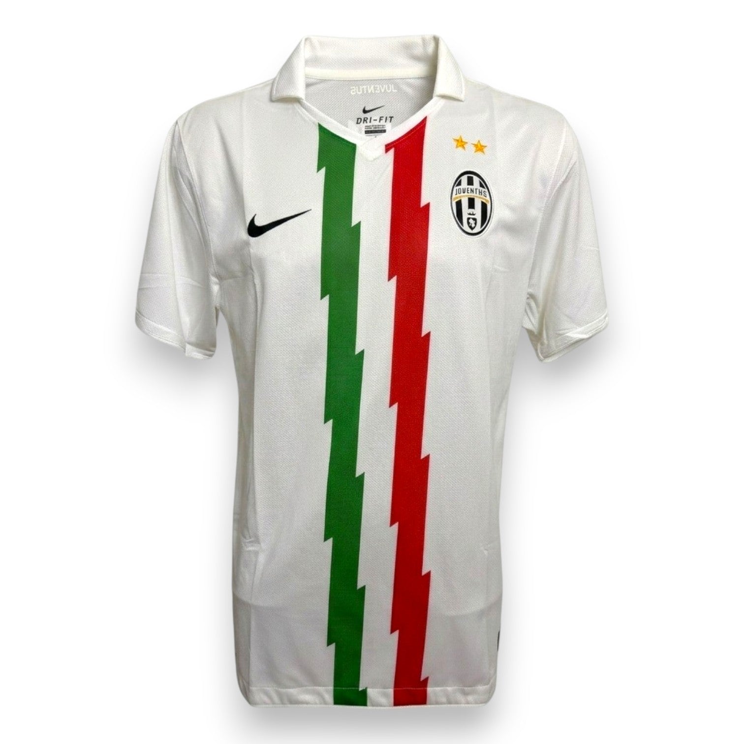 Fronte maglia Juventus Away 2010-11 banda tricolore verde e rossa logo Nike due stelle