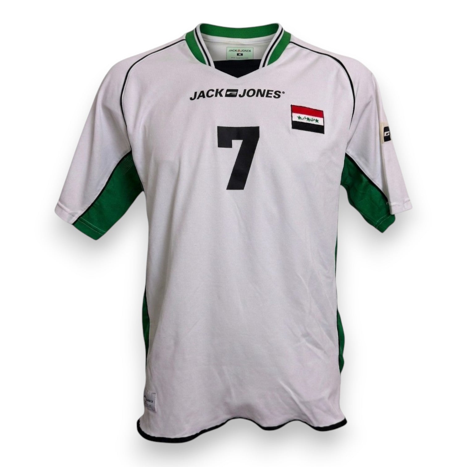 Fronte maglia Iraq Away 2004-06 Player Issued Jack and Jones – bandiera irachena tre stelle – numero 7 Emad Mohammed