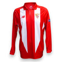Fronte maglia Siviglia Away 2015-16 Player Issued Escudero N.18 – New Balance – strisce rosse bianche verticali – patch UEL – patch UEFA Respect – Winner 2015