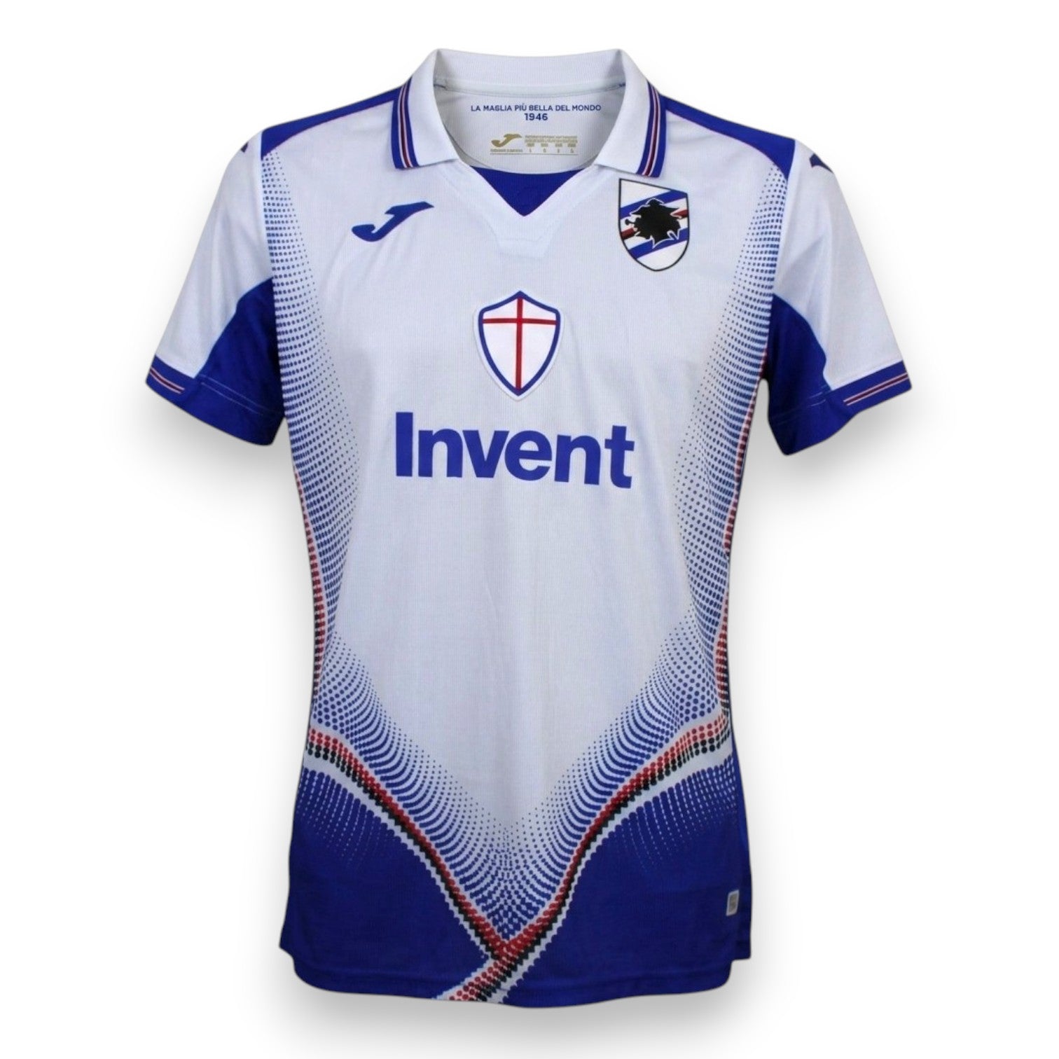 Fronte maglia UC Sampdoria Away 2019-20 Player Issued – Joma – sponsor Invent – grafica a punti blucerchiata – scritta La Maglia Più Bella del Mondo 1946