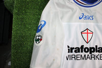 Dettaglio macchie da conservazione fianco maglia Sampdoria Away 2001-02 Player Issued – sponsor Grafoplast Wiremarkets – patch Lega Calcio – Asics taglia XL