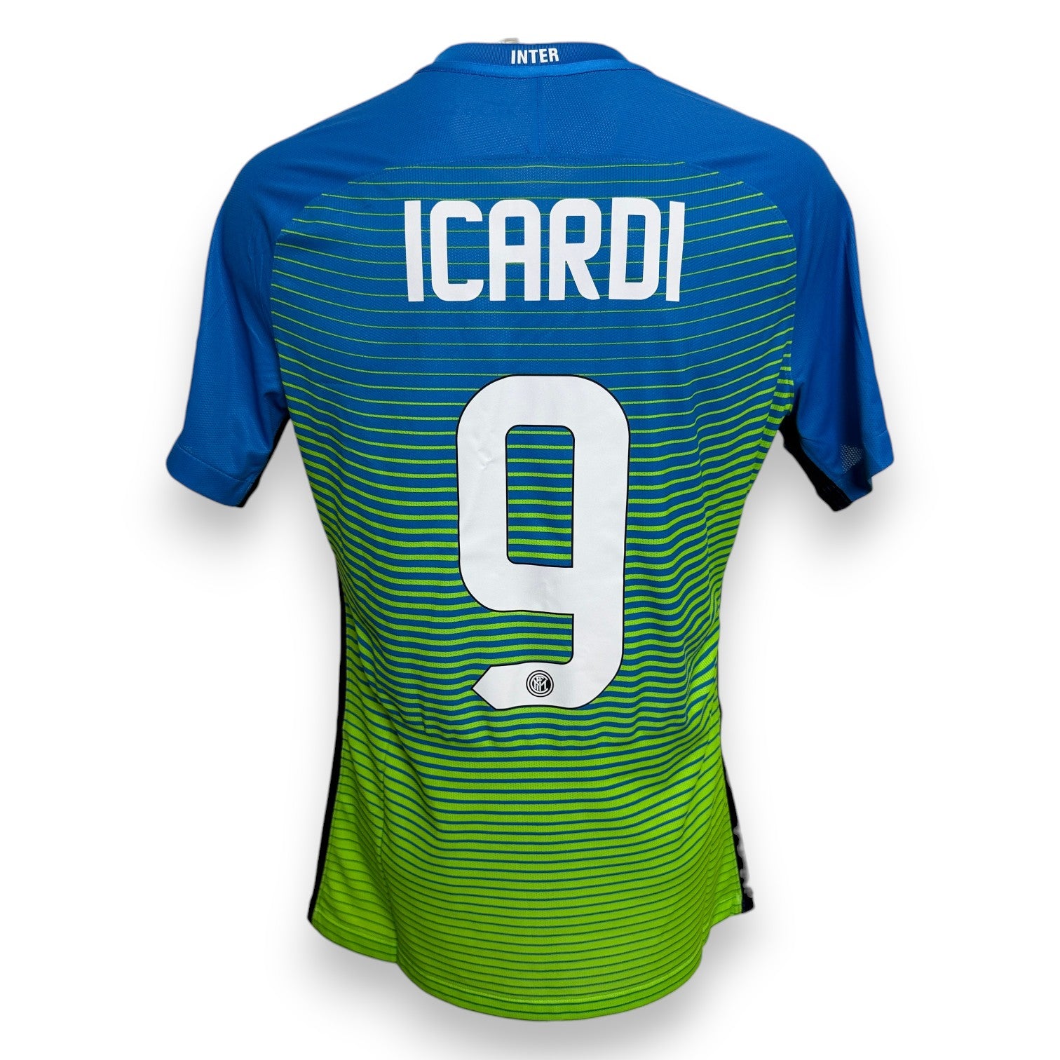 Retro maglia Inter Third 2016-17 numero 9 Mauro Icardi Player Issued Europa League – design blu verde lime Nike