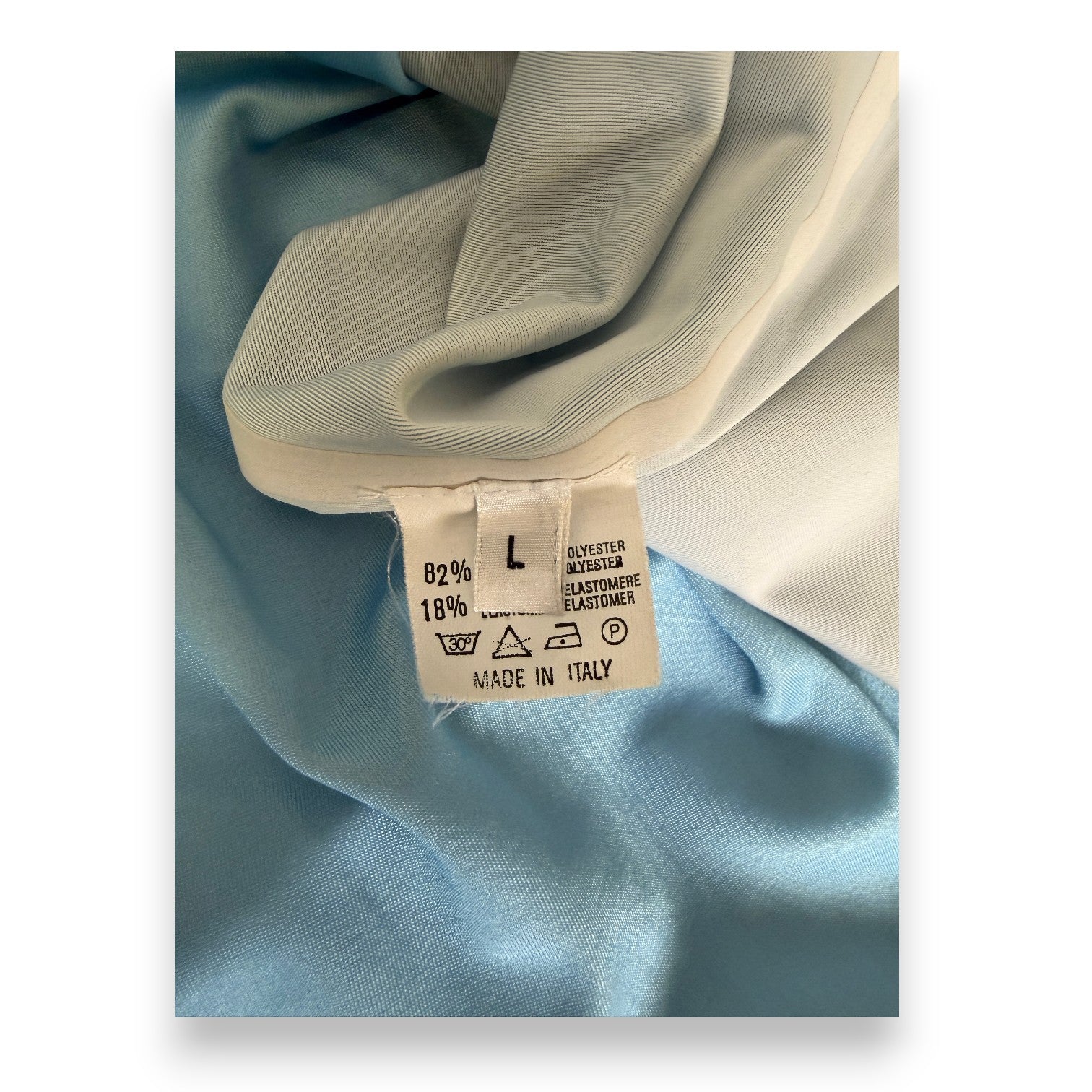 Etichetta taglia L maglia AlbinoLeffe Player Issued 2005-06 Acerbis – made in Italy – 82% polyester 18% elastomere