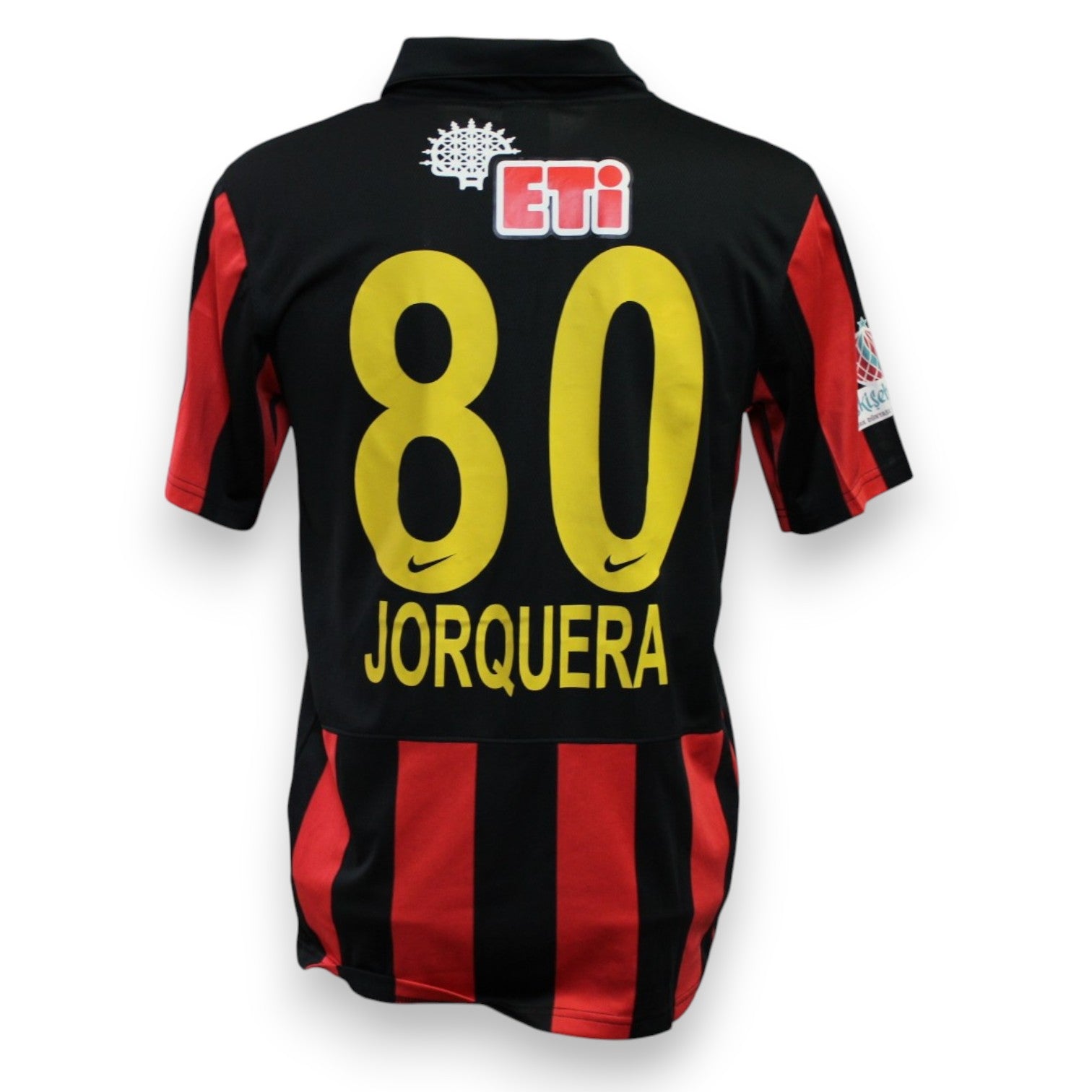 Maglia Eskişehirspor Home 2013-14 Player Issued Cristóbal Jorquera numero 80 – Nike – sponsor ETi – strisce rosso nero