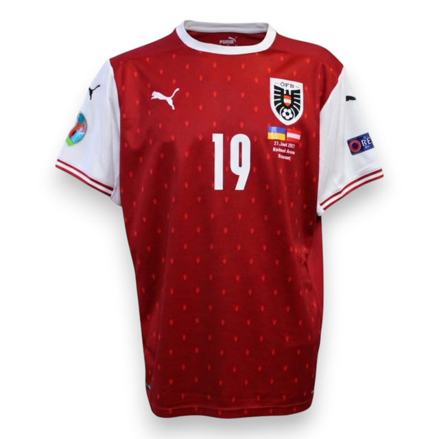 Fronte maglia Austria Home UEFA Euro 2020 Player Issued – Puma – scudo ÖFB – patch partita Ucraina vs Austria 21 Juni 2021 National Arena Bukarest