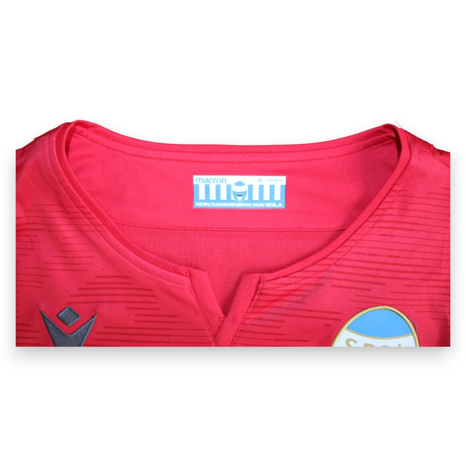 Etichetta collo interno maglia SPAL Away 2019-20 – Macron MCMM taglia XL – scritta Non Camminerai Mai Sola – Player Issued Marco Meneghetti