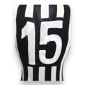 Dettaglio numero 15 cucito maglia Juventus Home 1985-86 Player Issued – applicazione in tessuto a rete su fondo nero