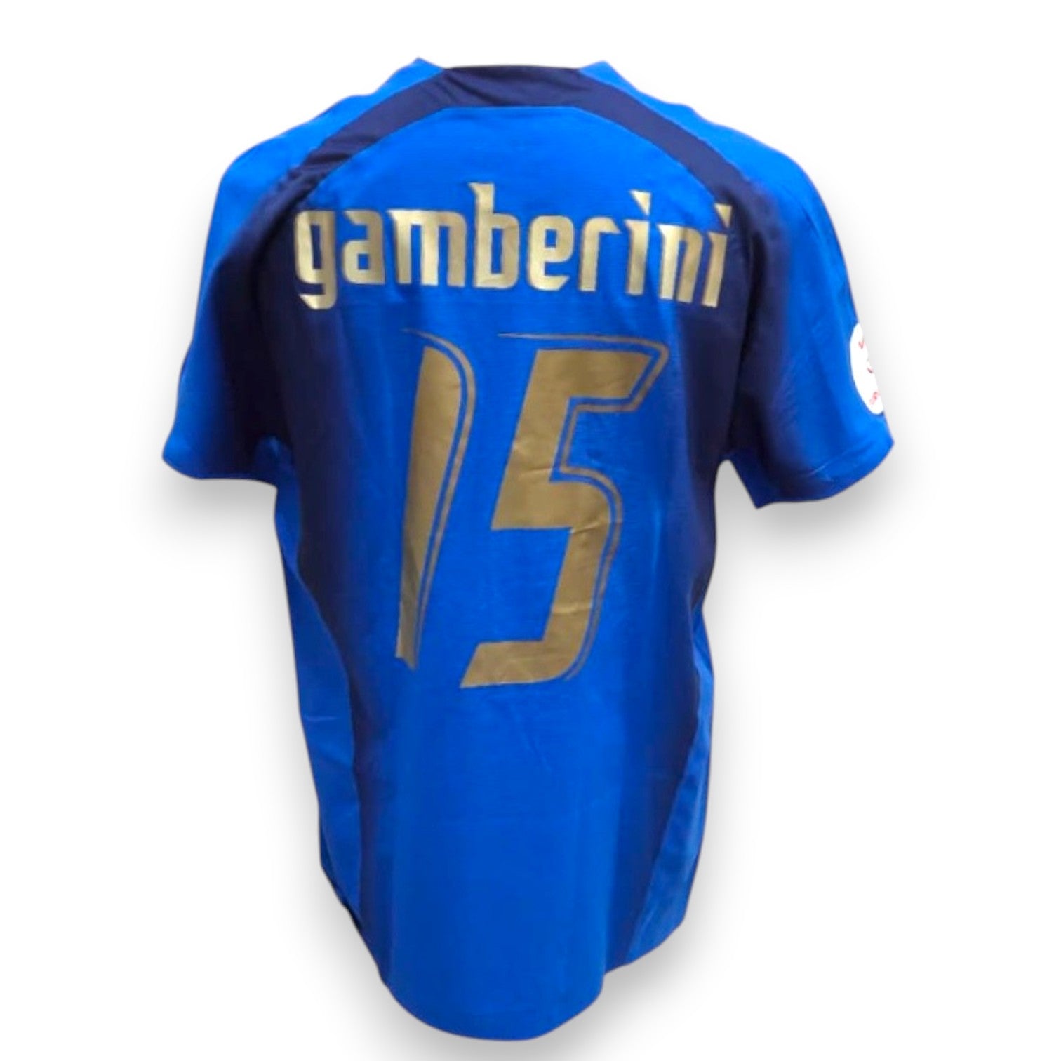 Retro maglia Italia 2007-08 numero 15 Gamberini Player Issued – nameset dorato ufficiale – patch UEFA Euro 2008