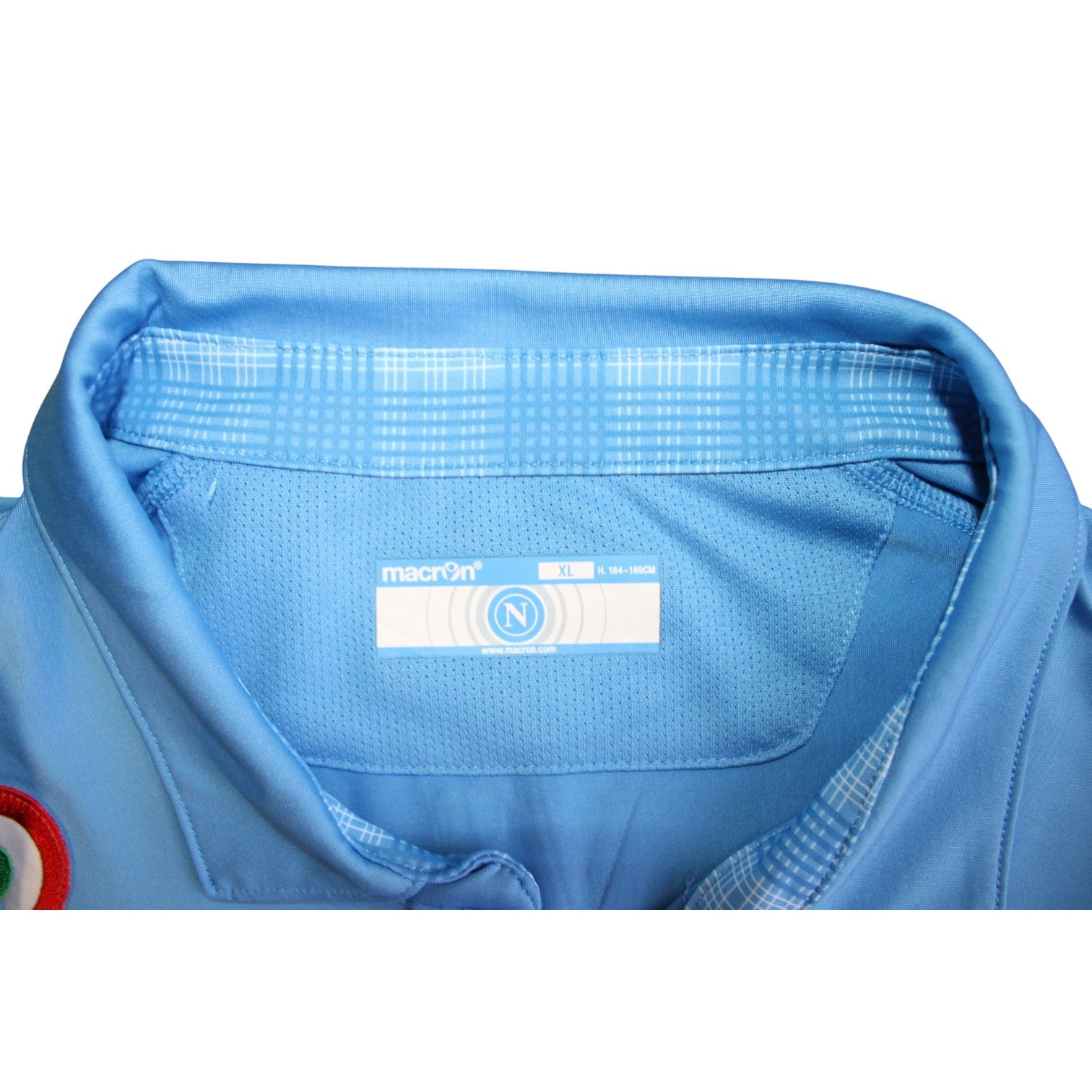 Dettaglio colletto maglia SSC Napoli 2014-15 Player Issued – Macron – tartan interno collo – azzurro con dettagli bianchi
