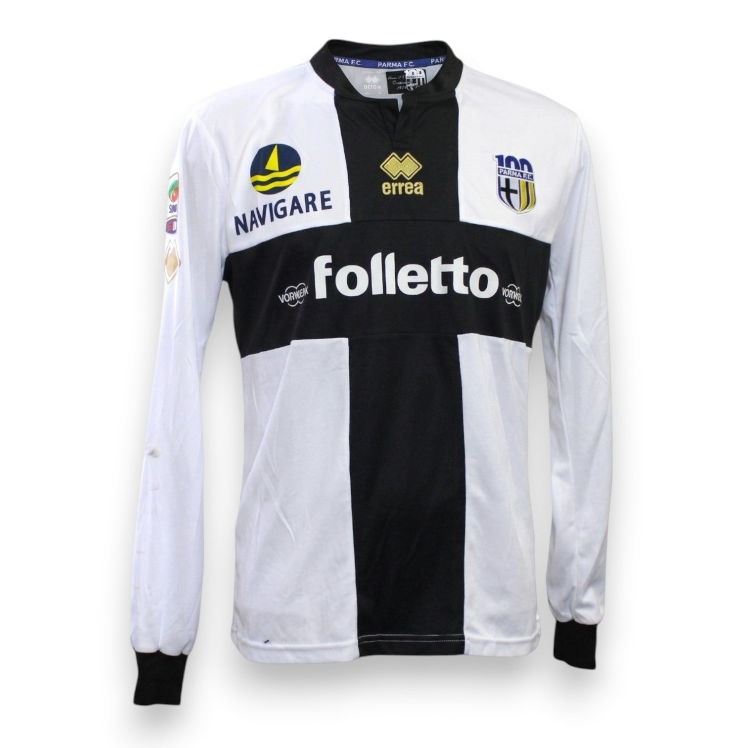 Maglia Parma FC Home 2013-14 Player Issued maniche lunghe – Erreà – sponsor Folletto Navigare – badge Centenario 100 anni – condizioni Good