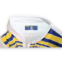 Dettaglio etichetta interna colletto maglia Hellas Verona Third 2019-20 Macron – taglia L (H 178-183 cm) – logo Macron e stemma club con scritta "PER SEMPRE GIALLOBLU" – finitura professionale Player Issued