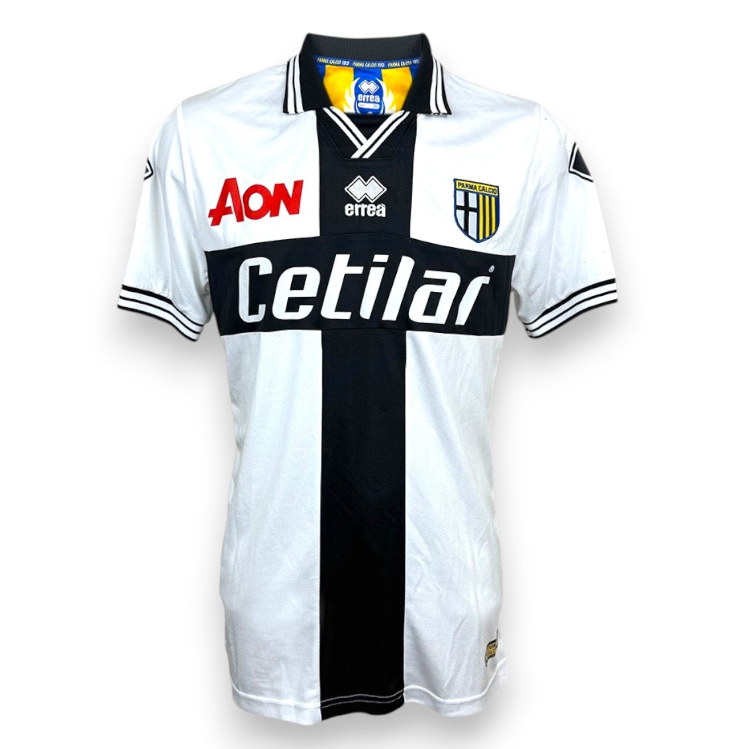 Maglia Parma Calcio Home 2018-19 Player Issued – Erreà – sponsor AON Cetilar – croce nera – patch Serie A TIM – condizioni Good
