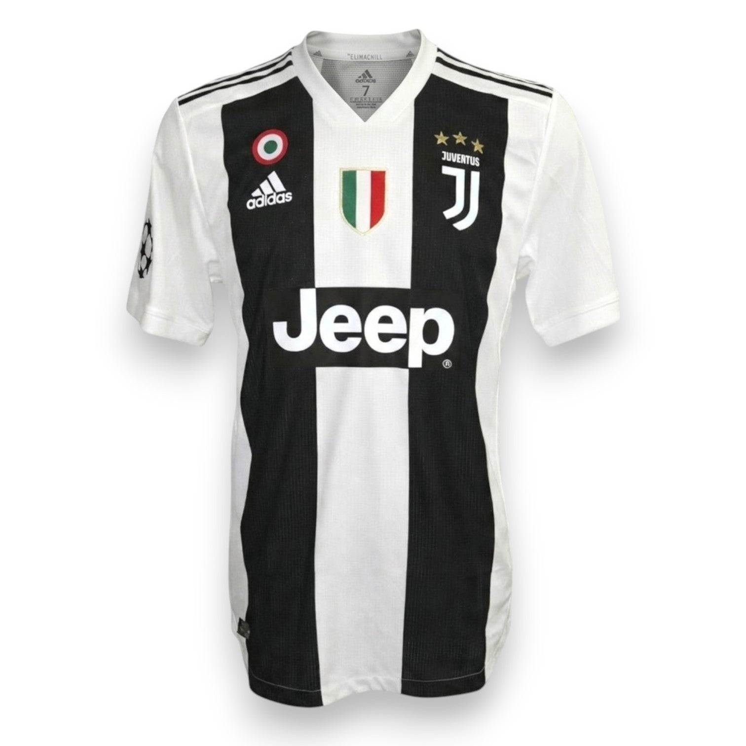 Maglia Juventus Home 2018-19 Player Issued Cristiano Ronaldo numero 7 – Adidas Climachill – sponsor Jeep – patch UCL e Scudetto