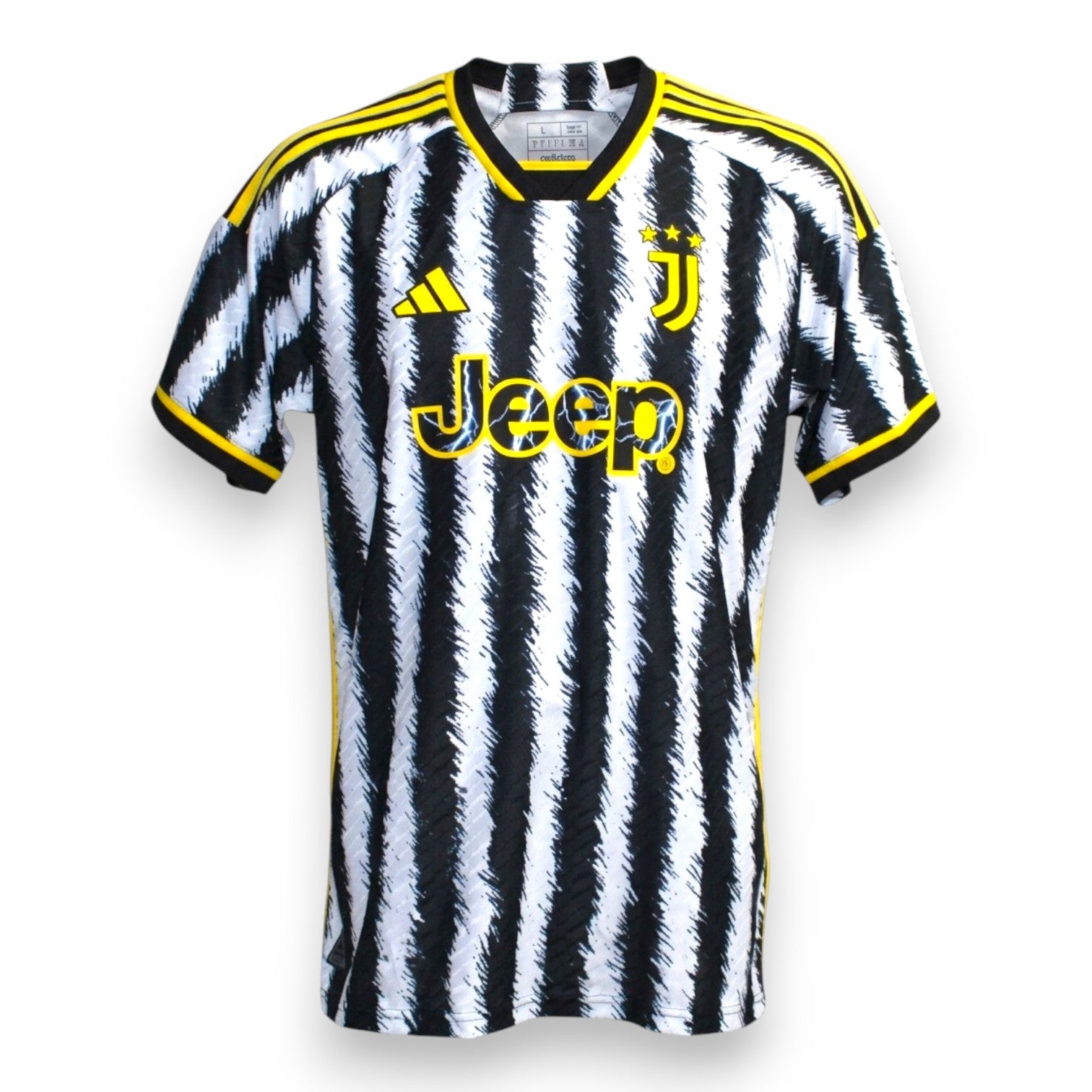 Maglia Juventus Home 2023-24 Store Adidas Jeep design zebra pennellato dettagli gialli – fronte – condizioni Excellent