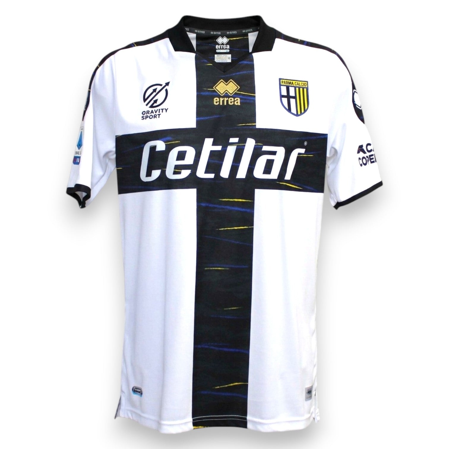Maglia Parma Calcio Home 2021-22 Player Issued – Erreà – sponsor Cetilar – croce nera con striature blu oro – patch Serie B – condizioni Excellent
