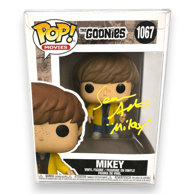 Funko POP The Goonies Mikey 1067 fronte – autografo originale Sean Astin pennarello giallo con inscription Mikey