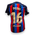Retro maglia FC Barcelona Home 2022-23 Pedri numero 16 Store – stampa dorata traforata – patch LaLiga – logo UNHCR ACNUR
