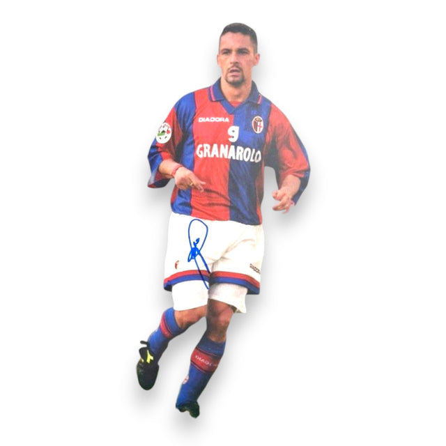 Sagoma autografata Roberto Baggio maglia Bologna 1997-98 – Forex Stand Cutout – autografo originale pennarello blu – condizioni Excellent