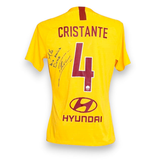 Retro maglia AS Roma 2018-19 Cristante numero 4 autografata con dedica – sponsor Hyundai – patch Serie A TIM