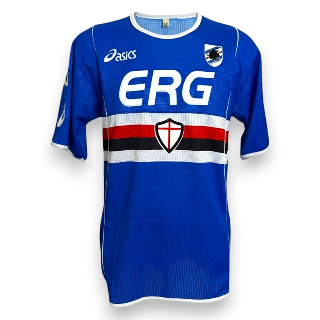 Fronte maglia Sampdoria Home 2003-04 Asics – sponsor ERG – fascia blucerchiata – stemma UC Sampdoria – Player Issued Palombo