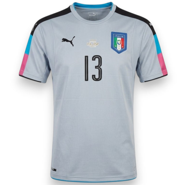 Fronte maglia portiere Italia GK Home 2016-17 Player Issued numero 13 – Puma – grigio azzurro maniche multicolor