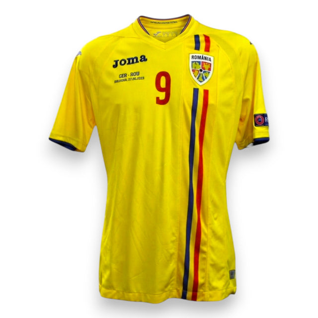 Fronte maglia Romania Under-21 Home 2019 Match Issue Pușcaș numero 9 – Joma – patch ricamata GER-ROU Bologna 27.06.2019 – patch UEFA Respect – semifinale U21 Euro