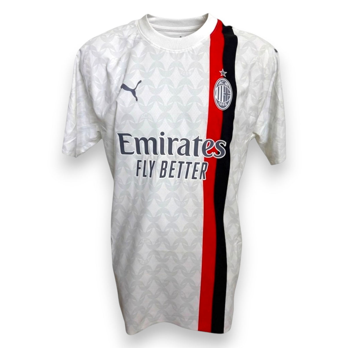 Maglia AC Milan Away 2023-24 Puma Emirates – bianca con banda rossonera – Reijnders Store Authentic
