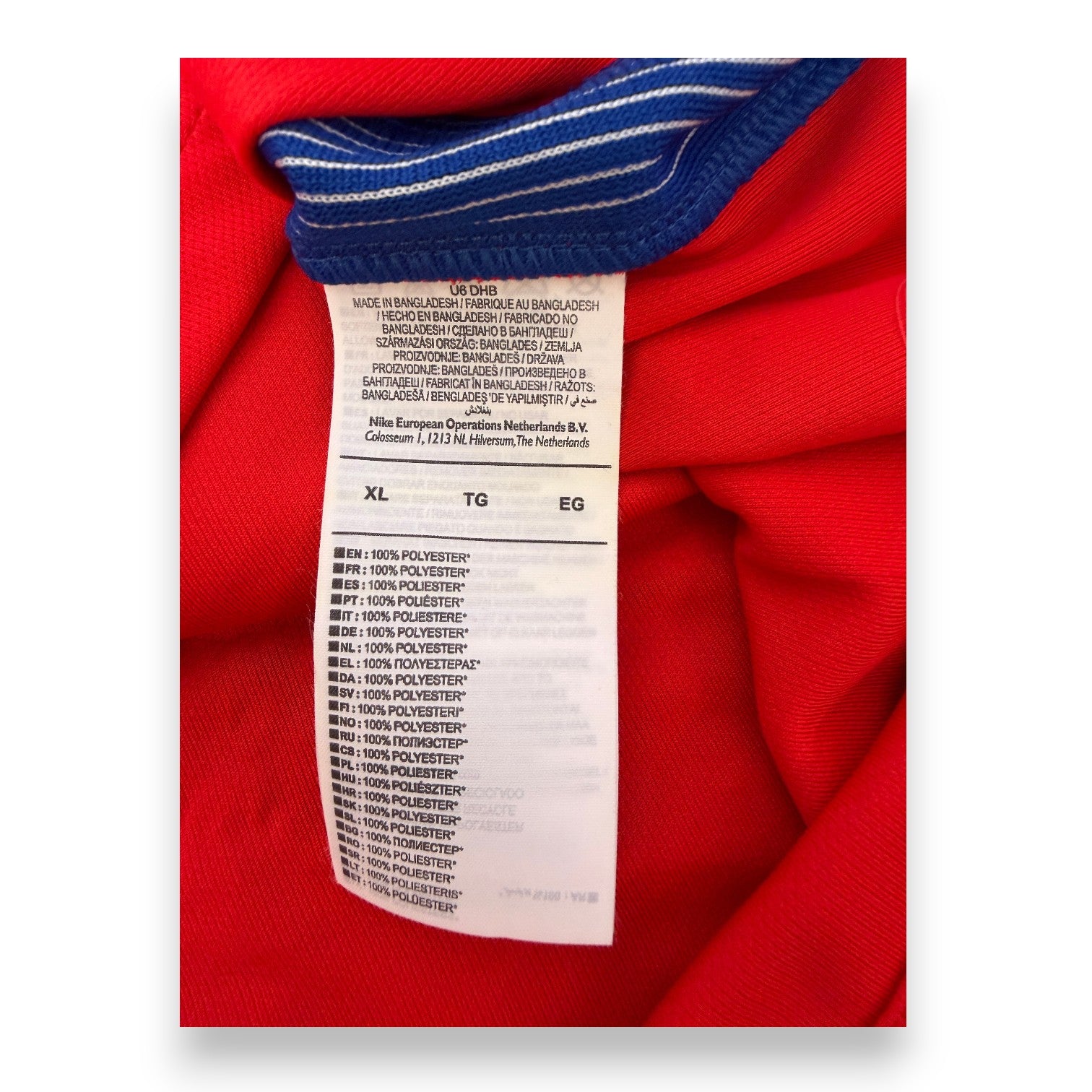 Etichetta interna maglia Inghilterra Away 2016 Nike Dri-Fit taglia XL made in Bangladesh