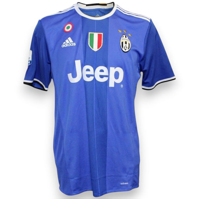 Fronte maglia Juventus Away 2016-17 Player Issued Adidas – sponsor Jeep bianco – coccarda detentore Scudetto – TIM Cup patch – blu royal