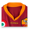 Dettaglio colletto V-neck arancione maglia AS Roma 2007-08 Kappa – coccarda Coppa Italia – stemma classico – Player Issued Tonetto