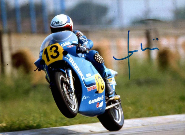 Fotografia vintage autografata Franco Uncini – bordo Suzuki Motomondiale – autografo originale pennarello blu – condizioni Excellent