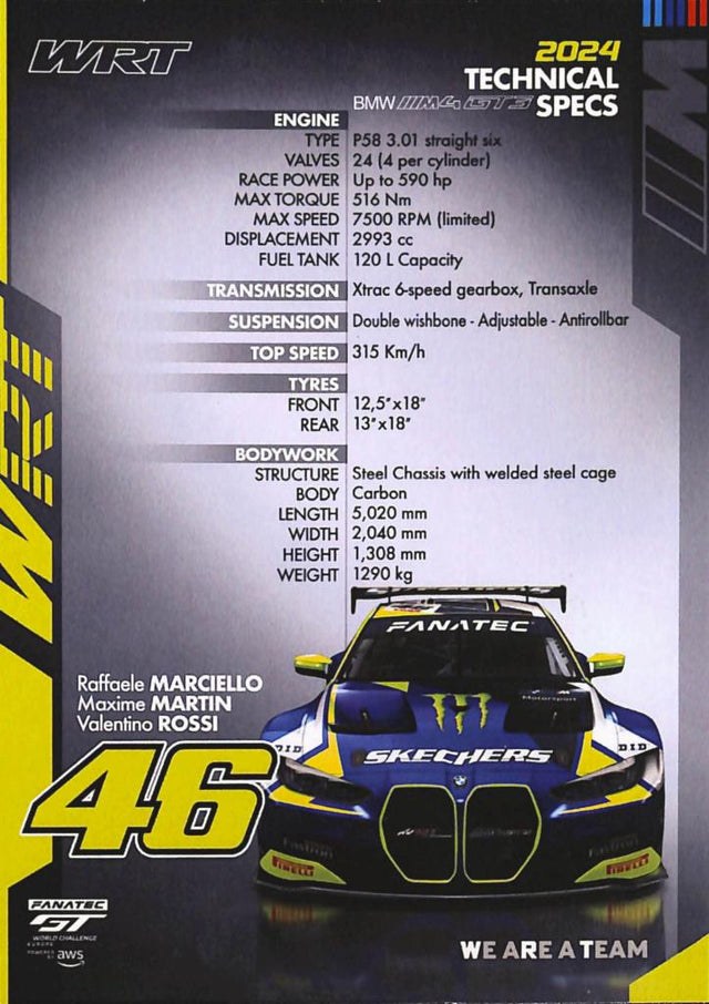 Retro cartolina WRT BMW M4 GT3 N.46 2024 – specifiche tecniche ufficiali – Fanatec GT World Challenge Europe