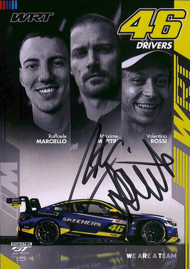 Cartolina autografata Valentino Rossi Maxime Martin – WRT BMW M4 GT3 N.46 Fanatec GT World Challenge 2024 – 2 firme originali pennarello nero