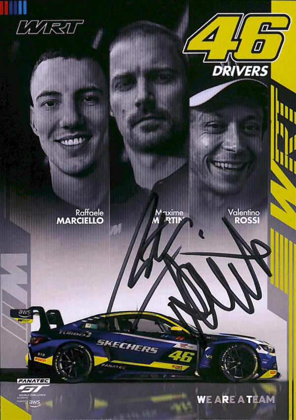 Cartolina Autografata Valentino Rossi e Maxime Martin – WRT BMW M4 GT3 N.46 – Fanatec GT World Challenge 2024 – 2 Autografi – COA Incluso