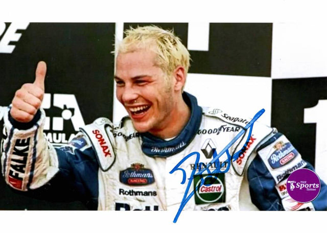 Fotografia autografata Jacques Villeneuve podio Formula 1 – autografo originale pennarello blu – 15,1x20,3 cm – condizioni Excellent